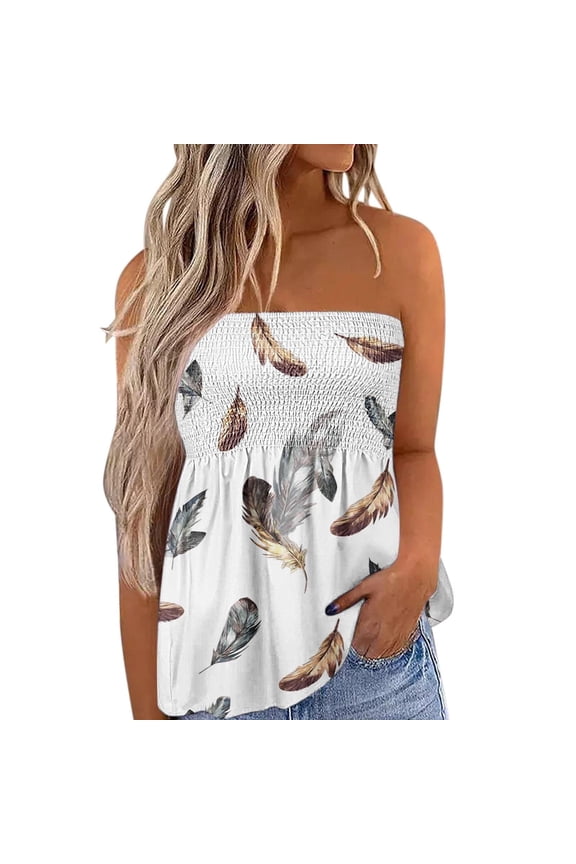 Womens Summer Strapless Tube Tops Sleeveless Backless Smocked Ruched Bodice Bandeau Blouses Printed Loose Fit Casual Beach Vacation Shirts Top Gray M