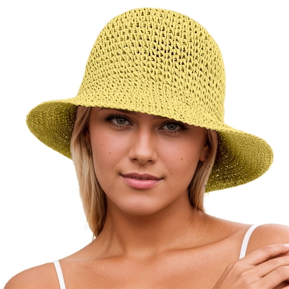 Womens Summer Straw Sun Hat Foldable Bucket Cap for Beach Vacation Breathable and UV Protection
