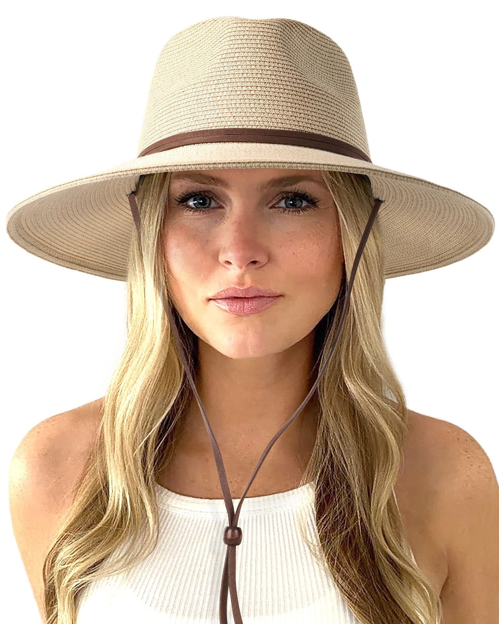 Wide Brim Straw Sun Hat with Wind Lanyard UPF 80+ Unisex Panama UPF 50+ Wide Brim Straw Sun Hat with Wind Lanyard - Beige  main image 4