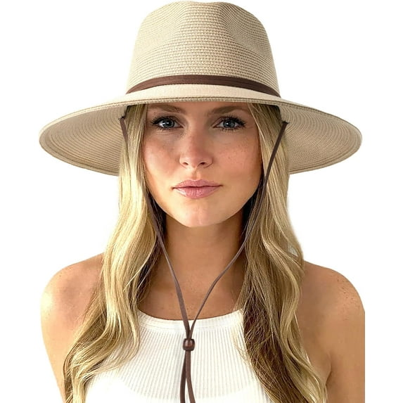 Womens Summer Straw Sun Hats Wide Brim Panama Fedora Beach Hat with Wind Lanyard UPF 80+