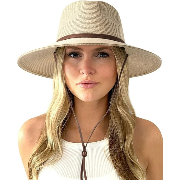 Womens Summer Straw Sun Hats Wide Brim Panama Fedora Beach Hat with Wind Lanyard UPF 80+