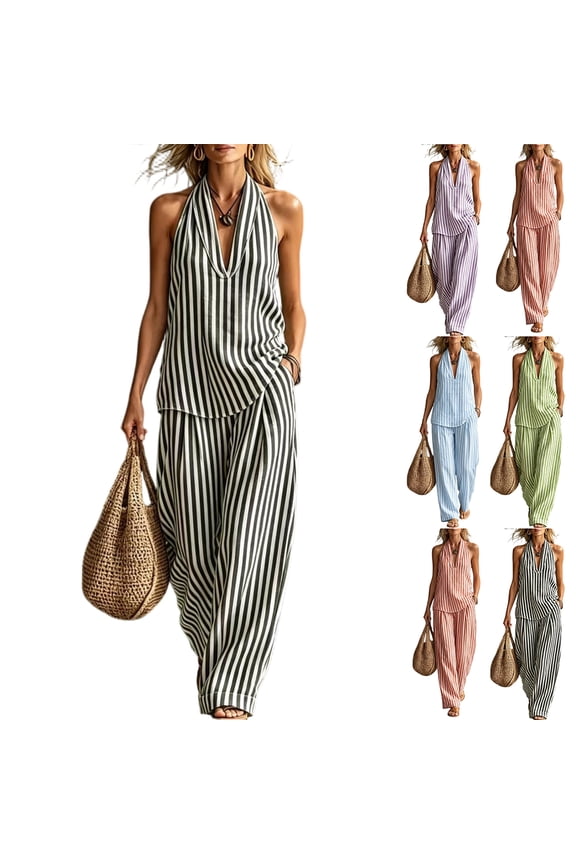 Womens Summer Stripe 2 Piece Set Halter Neck Sleeveless Top Pant Sets Casual Cotton Linen Lounge Outfits with Pockets Green M