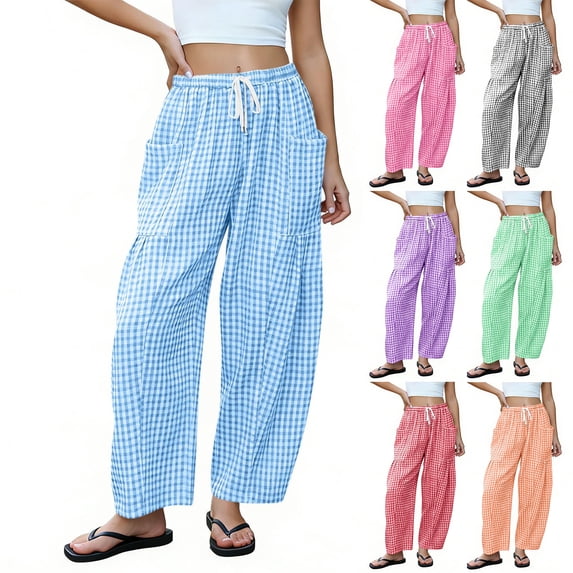 Womens Summer Striped Gingham Palazzo Pants High Waisted Wide Leg Lounge Trousers with Pockets 2026, XL