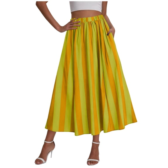 Womens Summer Striped Maxi Skirts A-Line Elastic Waist Flowy Skirt Beach Vacation Orange