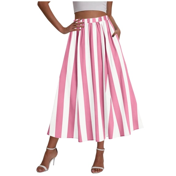Womens Summer Striped Maxi Skirts A-Line Elastic Waist Flowy Skirt Beach Vacation Pink