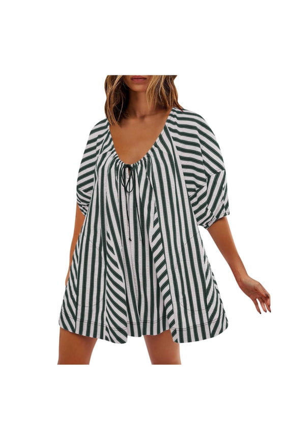 Womens Summer Striped Romper Casual Oversized Puff Sleeve Short Jumpsuits Overalls Beach Vacation Outfits, Limited Time Clearance