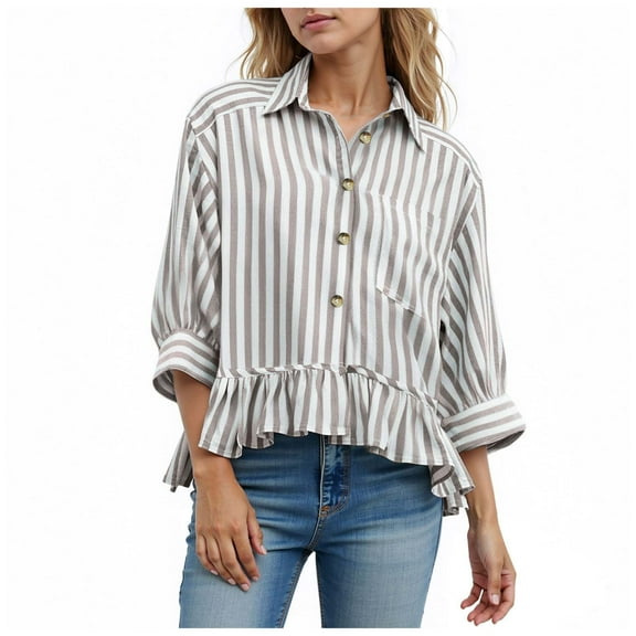 Kaprioy Womens Summer Striped Ruffled Button Down Blouse Short Sleeve Collared Casual Dressy Top Khaki, L