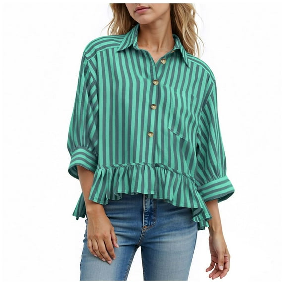 Womens Summer Striped Ruffled Button Down Blouse Short Sleeve Collared Casual Dressy Top