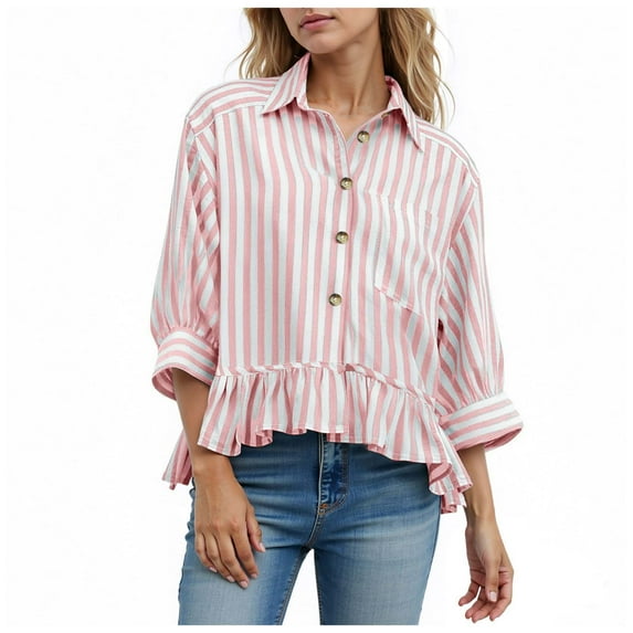 Kaprioy Womens Summer Striped Ruffled Button Down Blouse Short Sleeve Collared Casual Dressy Top Pink, XL