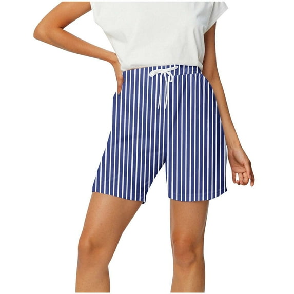 Womens Summer Striped Shorts Lounge Wear Wide Leg Loose Shorts with Pocket Drawstring Casual Soft Comfy Shorts Blue, S