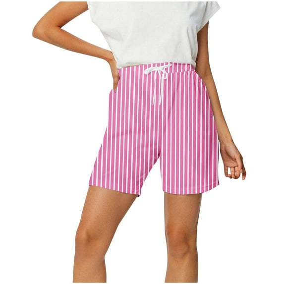 Womens Summer Striped Shorts Lounge Wear Wide Leg Loose Shorts with Pocket Drawstring Casual Soft Comfy Shorts Hot Pink, 2XL
