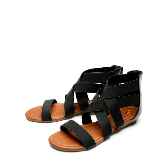Womens Summer Stylish Low Wedge Sandals with Elastic Gladiator Ankle Straps