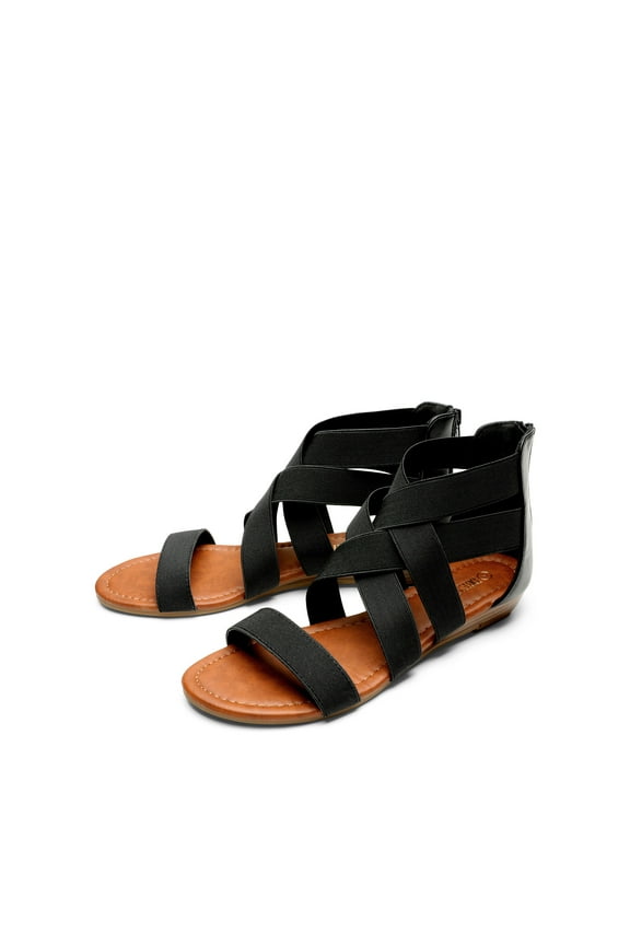Womens Summer Stylish Low Wedge Sandals with Elastic Gladiator Ankle Straps
