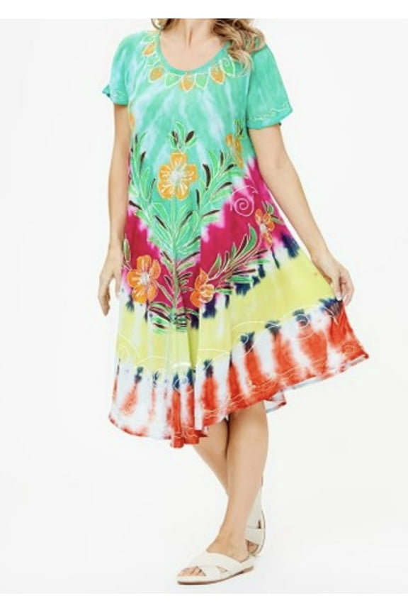 Womens Summer Sun Dress Umbrella Tie Dye Flower Beach Resort Wear Boho Hippie