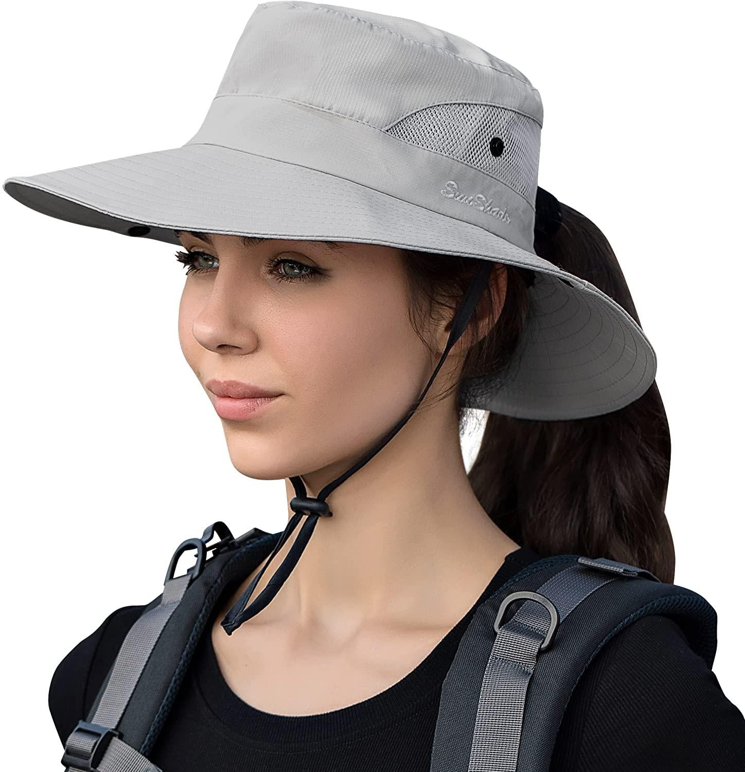 LAIBMFC Womens Summer Sun Hat Beach Hats Wide Brim Outdoor UV Protection Hat Foldable Ponytail Bucket Cap, Women's, Size: One size, Beige