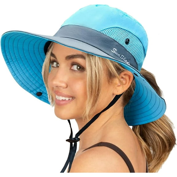 Womens Summer Sun-Hat Outdoor UV Protection Fishing Hat Wide Brim Foldable-Beach-Bucket-Hat with Ponytail-Hole