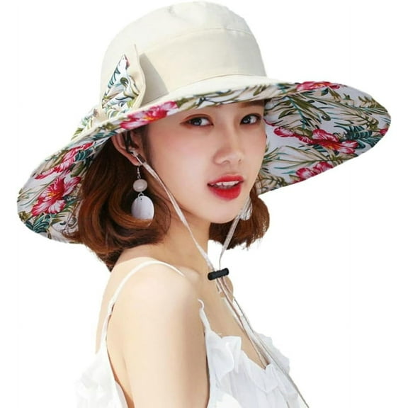 Womens Summer Sun Hat Super Wide Brim Floral Beach Bucket Caps Reversible Foldable UV Protection Lady Hat Travel