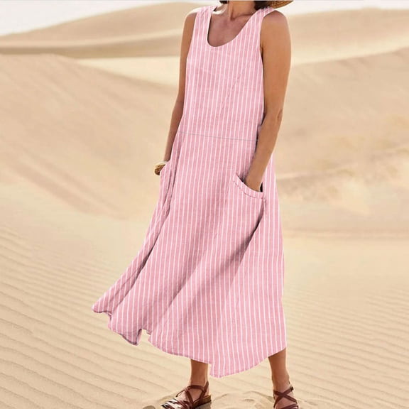Womens Summer Sundress Boho Casual Tank Dresses with Pockets Cotton Linen Sleeveless Tiered Swing A Line Beach Dress