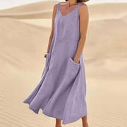 Womens Summer Sundress Boho Casual Tank Dresses with Pockets Cotton Linen Sleeveless Tiered Swing A Line Beach Dress