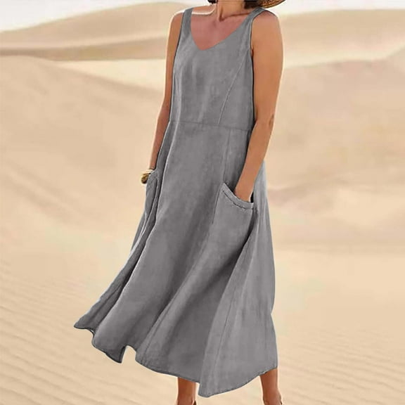 Womens Summer Sundress Boho Casual Tank Dresses with Pockets Cotton Linen Sleeveless Tiered Swing A Line Beach Dress