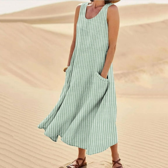 Womens Summer Sundress Boho Casual Tank Dresses with Pockets Cotton Linen Sleeveless Tiered Swing A Line Beach Dress