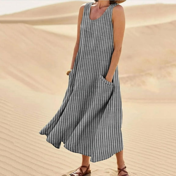 Womens Summer Sundress Boho Casual Tank Dresses with Pockets Cotton Linen Sleeveless Tiered Swing A Line Beach Dress