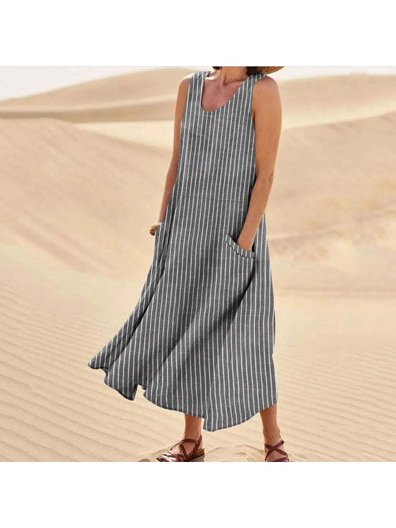 Womens Summer Sundress Boho Casual Tank Dresses with Pockets Cotton Linen Sleeveless Tiered Swing A Line Beach Dress