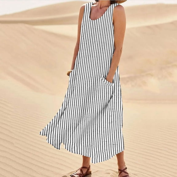 Womens Summer Sundress Boho Casual Tank Dresses with Pockets Cotton Linen Sleeveless Tiered Swing A Line Beach Dress