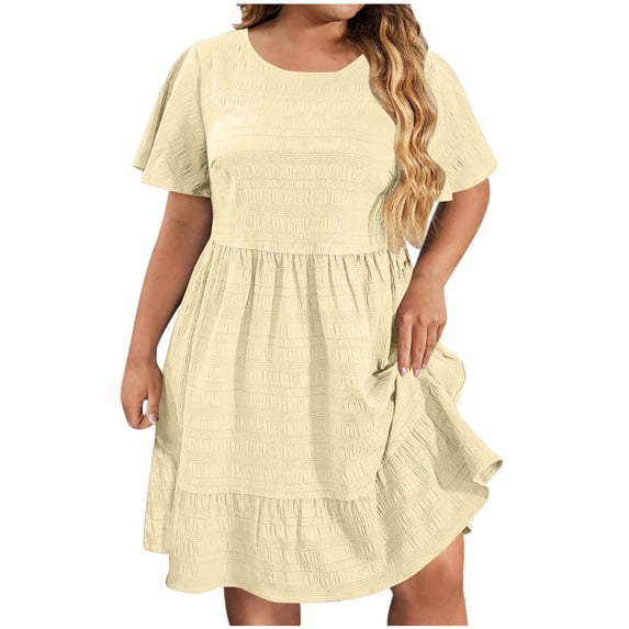 Womens Summer Sundress Ruffle Fashion Solid Short Sleeved Round Neck Dress A-Line Party Dress with Pockets Beige (Size:L-5XL)