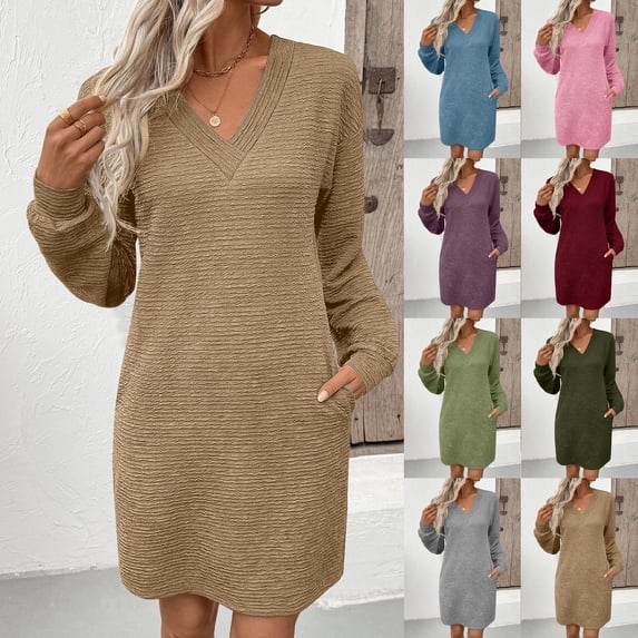 Womens Summer Sundress Ruffle Solid Color Casual Long Sleeved V-neck Side Pocket Casual Fashion Dress