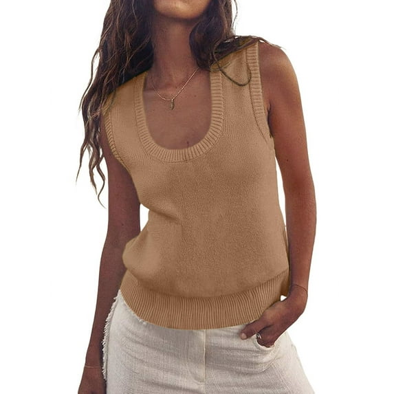 Womens Summer Sweater Vest Sleeveless Ribbed Knit Tank Tops Going Out Casual Basic Scoop Neck Tshirt Khaki S