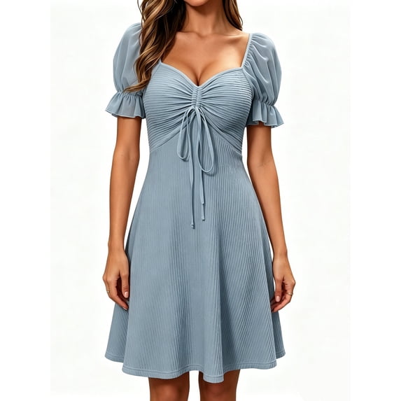 Womens Summer Sweetheart Neck Short Puff Sleeve Mini Drawstring Casual Slim Flowy Dress Sundress