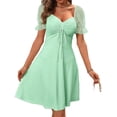 thumbnail image 1 of Womens Summer Sweetheart Neck Short Puff Sleeve Mini Drawstring Casual Slim Flowy Dress Sundress, 1 of 6