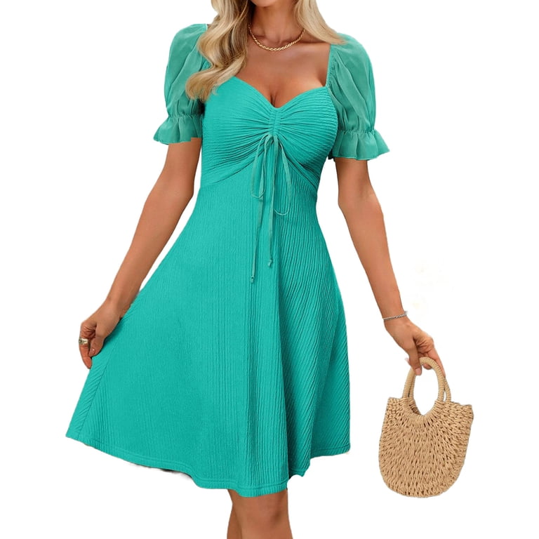Womens Summer Sweetheart Neck Short Puff Sleeve Mini Drawstring Casual Slim Flowy  Dress Sundress - Walmart.com