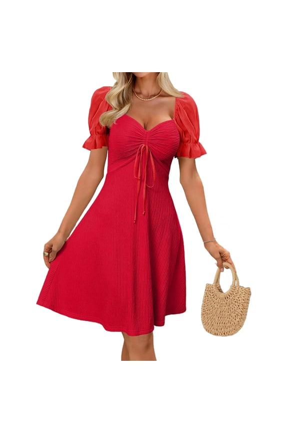 Womens Summer Sweetheart Neck Short Puff Sleeve Mini Drawstring Casual Slim Flowy Dress Sundress