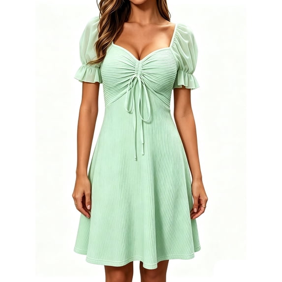 Womens Summer Sweetheart Neck Short Puff Sleeve Mini Drawstring Casual Slim Flowy Dress Sundress