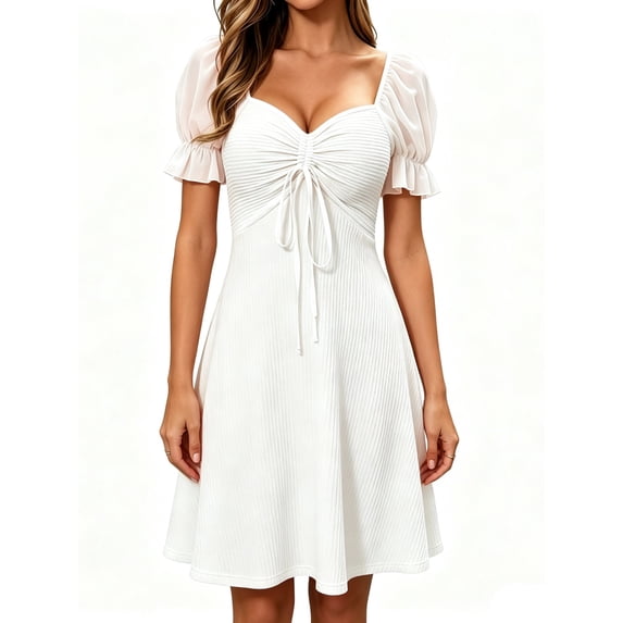Womens Summer Sweetheart Neck Short Puff Sleeve Mini Drawstring Casual Slim Flowy Dress Sundress