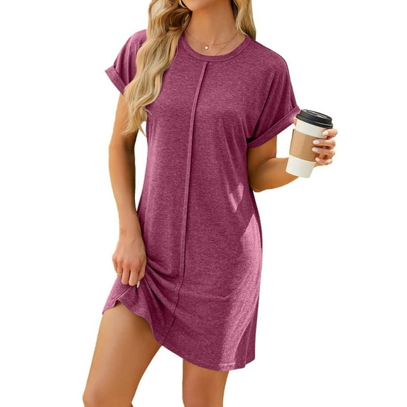 Womens Summer T Shirt Dress Casual Cap Sleeve Crewneck Loose Shift Mini Dresses Claret S