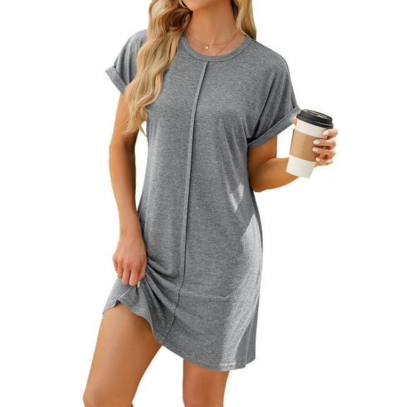 Womens Summer T Shirt Dress Casual Cap Sleeve Crewneck Loose Shift Mini Dresses Light Gray XXL