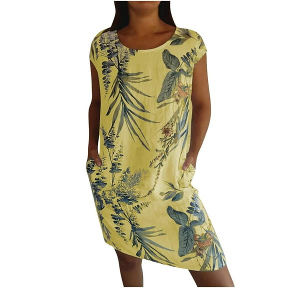 Womens Summer T Shirt Dress Palm Leaf Print Casual Loose Short Sleeve Sundress Beach Tunic Dresses
