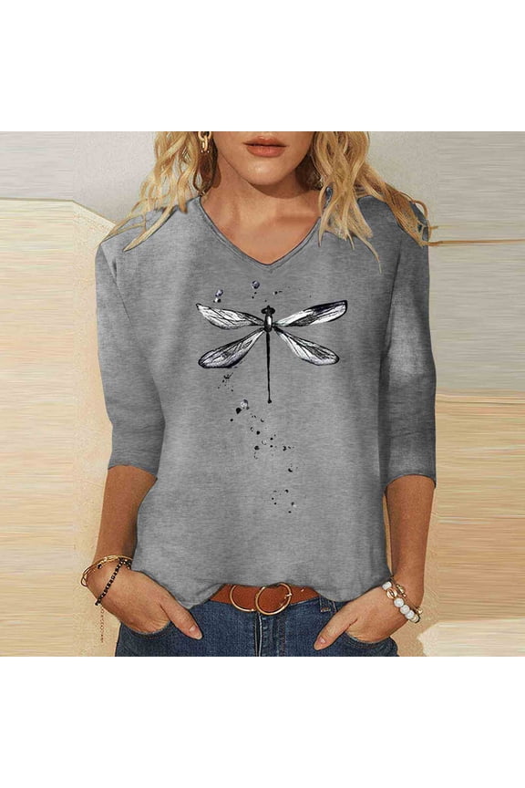 Womens Summer T Shirts 3/4 Sleeve Dragonfly Print Y2K Spring Tops Fashion Crew Neck Going Out Basics Tees
