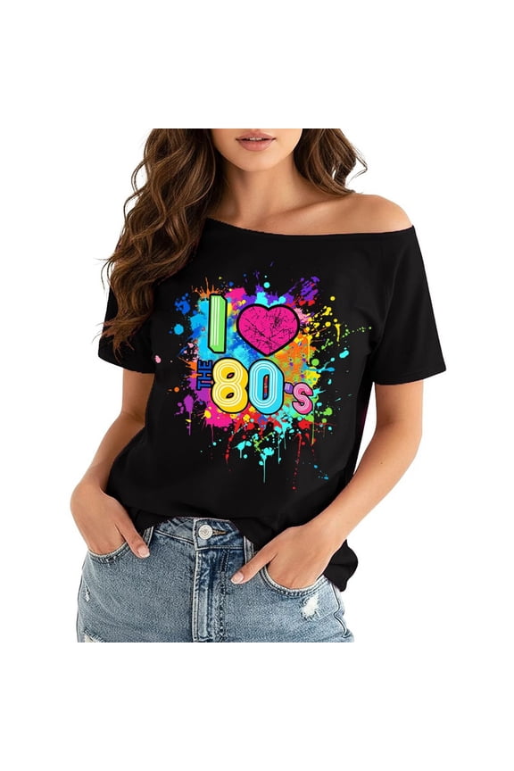 Womens Summer T Shirts 80's Print Tee Boat Neck Short Sleeve Loose Fit Casual Tops