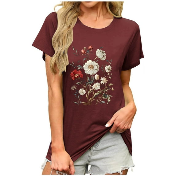 Womens Summer T-Shirts Daisy Printed Short Sleeve Tee Scooped Neck T Shirts Loose Fitted Tunic Blouses Pullover Sweater Blouses Baggy Boho Dressy Shirts Going Out Outfits