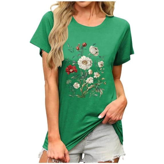 Womens Summer T-Shirts Daisy Printed Short Sleeve Tee Scooped Neck T Shirts Loose Fitted Tunic Blouses Pullover Sweater Blouses Baggy Boho Dressy Shirts Going Out Outfits
