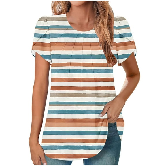 Womens Summer T-Shirts Fashion Floral Prints Top Loose Round Neck Puff Sleeves Pleated Shirts Womens Casual Short Sleeve Blouses Pullover Tops