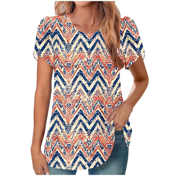 Womens Summer T-Shirts Fashion Floral Prints Top Loose Round Neck Puff Sleeves Pleated Shirts Womens Casual Short Sleeve Blouses Pullover Tops