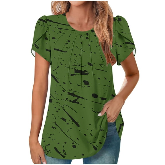 Womens Summer T-Shirts Fashion Floral Prints Top Loose Round Neck Puff Sleeves Pleated Shirts Womens Casual Short Sleeve Blouses Pullover Tops