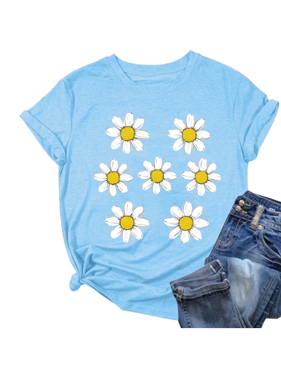 Womens Summer T-Shirts Floral Print Short Sleeve Base Tees Casual Loose Cute Tops for Teen Girls (2XL, Blue A)