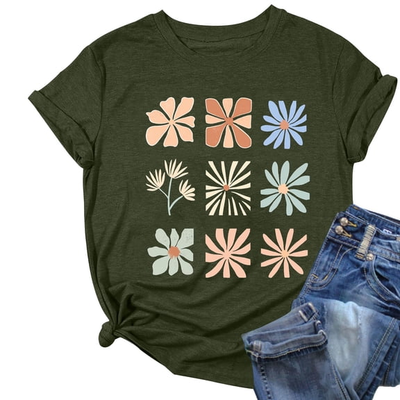 Womens Summer T-Shirts Floral Print Short Sleeve Base Tees Casual Loose Cute Tops for Teen Girls (XL, Army Green)