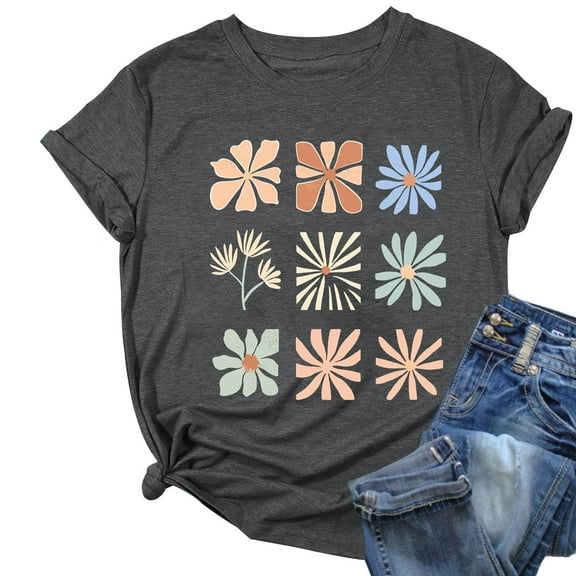 Womens Summer T-Shirts Floral Print Short Sleeve Base Tees Casual Loose Cute Tops for Teen Girls (XL, Gray)